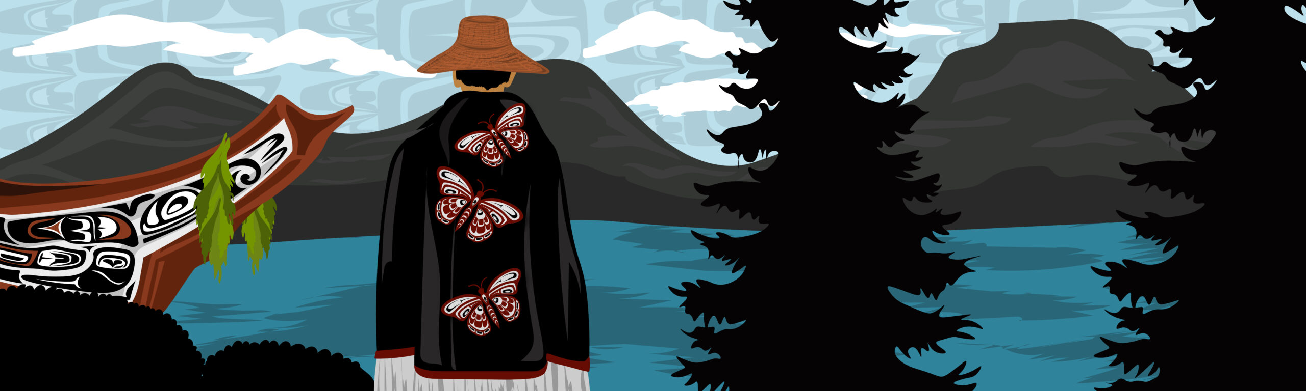 Graphic design of Indigenous person looking out over evergreen trees, water, and mountains.